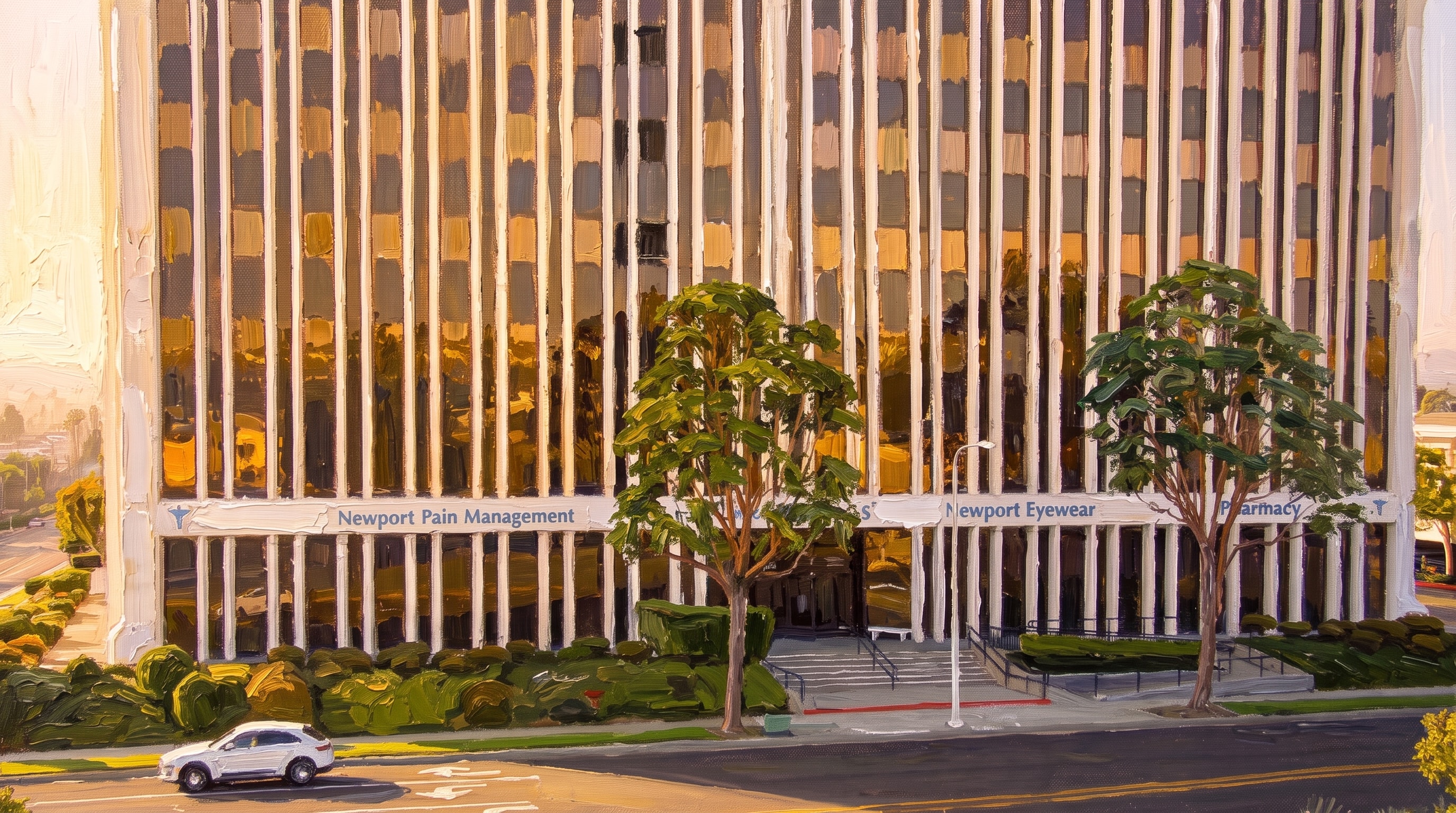 Plein-air painting of NCSS building exterior at golden hour